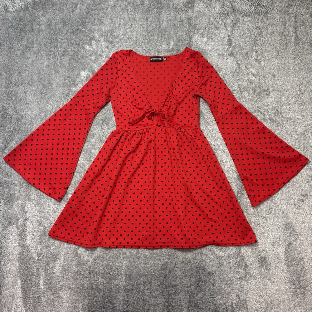PrettyLittleThing Red Polka Dot Mini Dress‎ Women's US 2 Bell Sleeve Tie Front